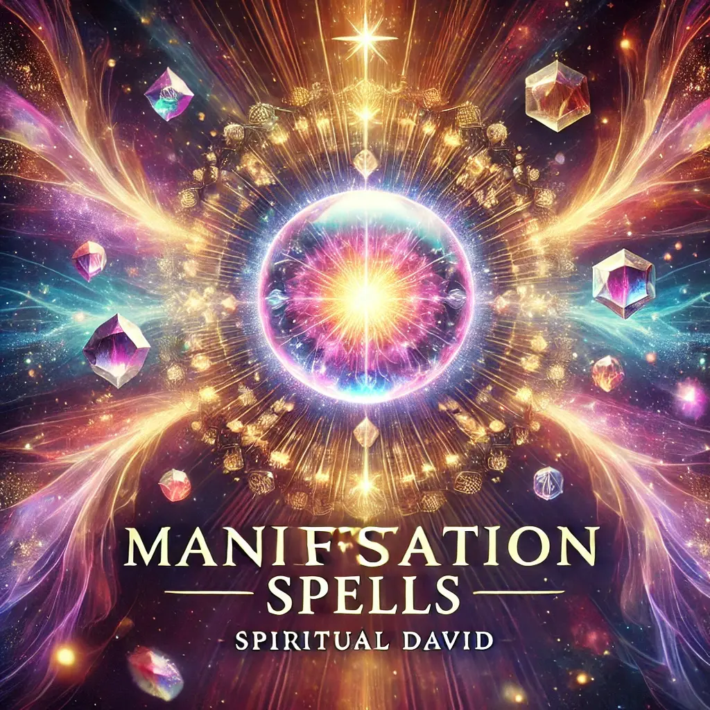 A captivating image representing Manifestation Spells, featuring a radiant crystal ball surrounded by glowing energy waves in vibrant colors like purple, blue, and gold. The background exudes a magical aura, symbolizing transformation and the power of manifestation. The text "Manifestation Spells" is in bold, striking font, with "SPIRITUAL DAVID" in an elegant font for brand recognition.