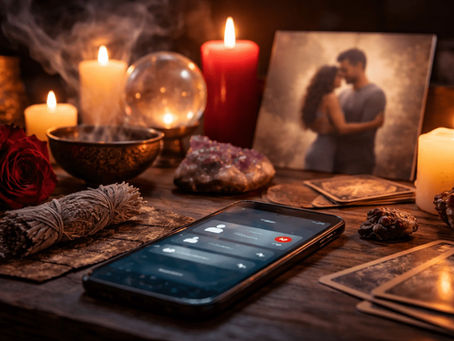 Candlelit altar beside a phone with unread messages, symbolizing heartbreak, silence, and spiritual reflection after a breakup.