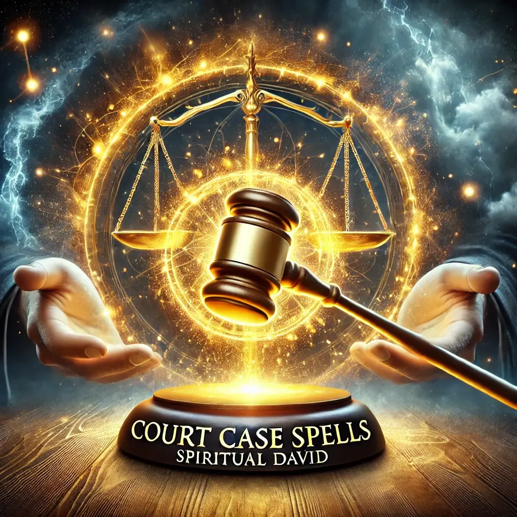 A powerful image representing Court Case Spells, featuring golden mystical energy surrounding a gavel and a glowing balance scale, symbolizing justice and the ability to win legal battles. The background has a dark, stormy atmosphere, signifying the challenges of the case, while radiant golden energy emanates from the gavel and scale. The text "Court Case Spells" and "SPIRITUAL DAVID" are displayed in bold, gold fonts for brand recognition