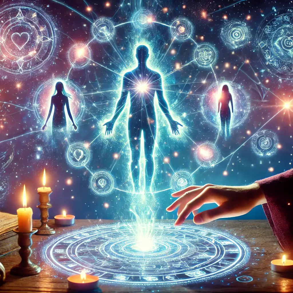 A Soulmate Attraction Spell being cast, with glowing energy emanating from a person and mystic symbols surrounding them, attracting their soulmate