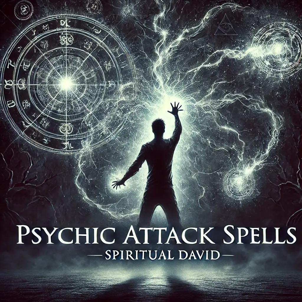 A dark and intense image representing Psychic Attack Spells, featuring a figure casting powerful energy toward an unseen target. The glowing, swirling energy symbolizes the invasion of the mind. The background includes eerie, shadowy elements and glowing symbols representing psychic control and influence. The text "Psychic Attack Spells" is displayed in bold, striking font, with "SPIRITUAL DAVID" in an elegant font for brand recognition.