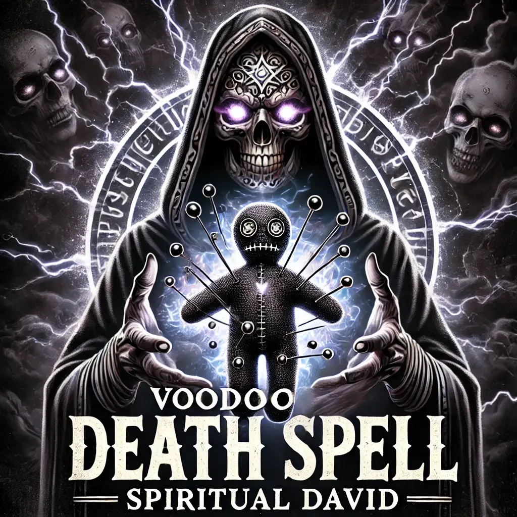 A dark and intense image representing Voodoo Death Spell, featuring a mysterious figure with a skull face holding a voodoo doll surrounded by glowing, ethereal energy. The background includes stormy clouds, lightning, and shadowy figures, symbolizing death and vengeance. The voodoo doll has glowing pins and dark energy radiating from it. The text "Voodoo Death Spell" is in bold, striking font, with "SPIRITUAL DAVID" in an elegant font for brand recognition.