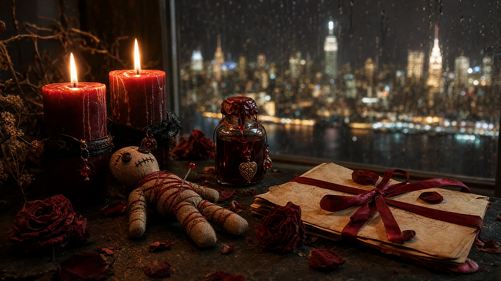 Voodoo love spell altar with two red candles, voodoo doll, and parchment letter with the New York City skyline glowing in the background at night, love spells that work in New York