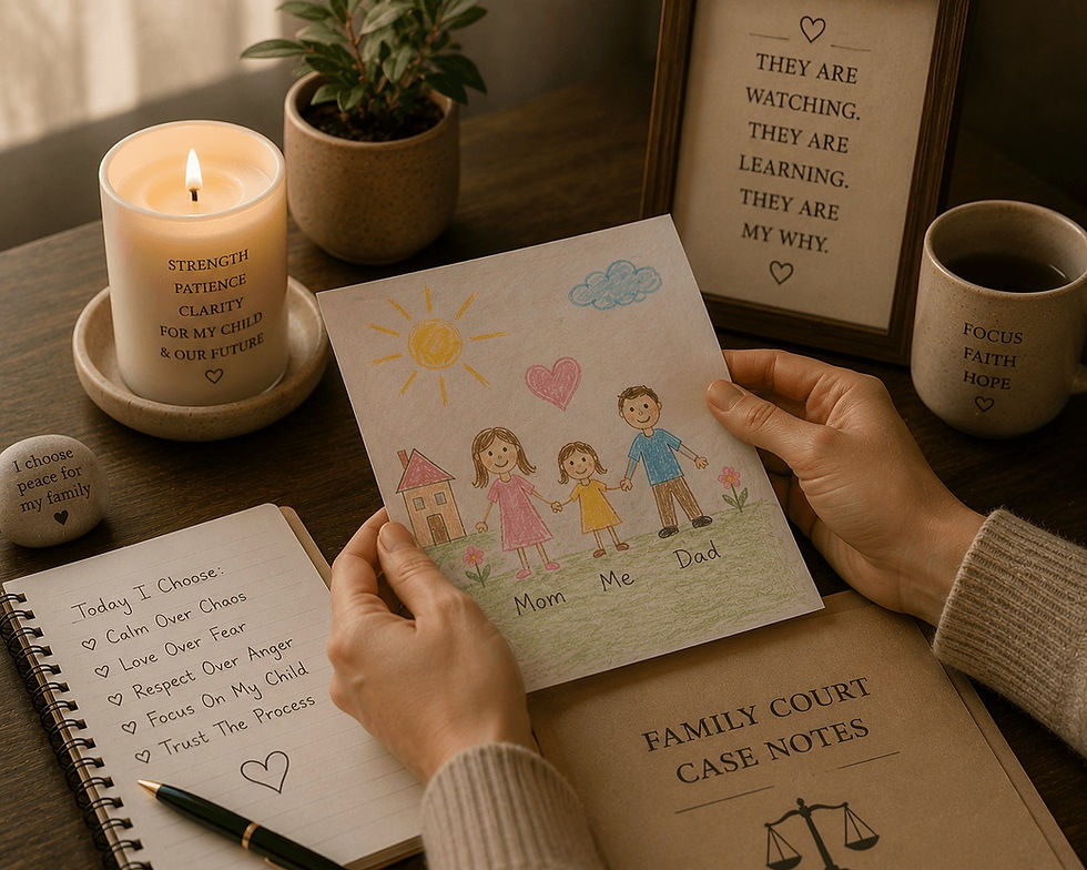 Hands holding a child’s drawing beside family court notes and candlelight