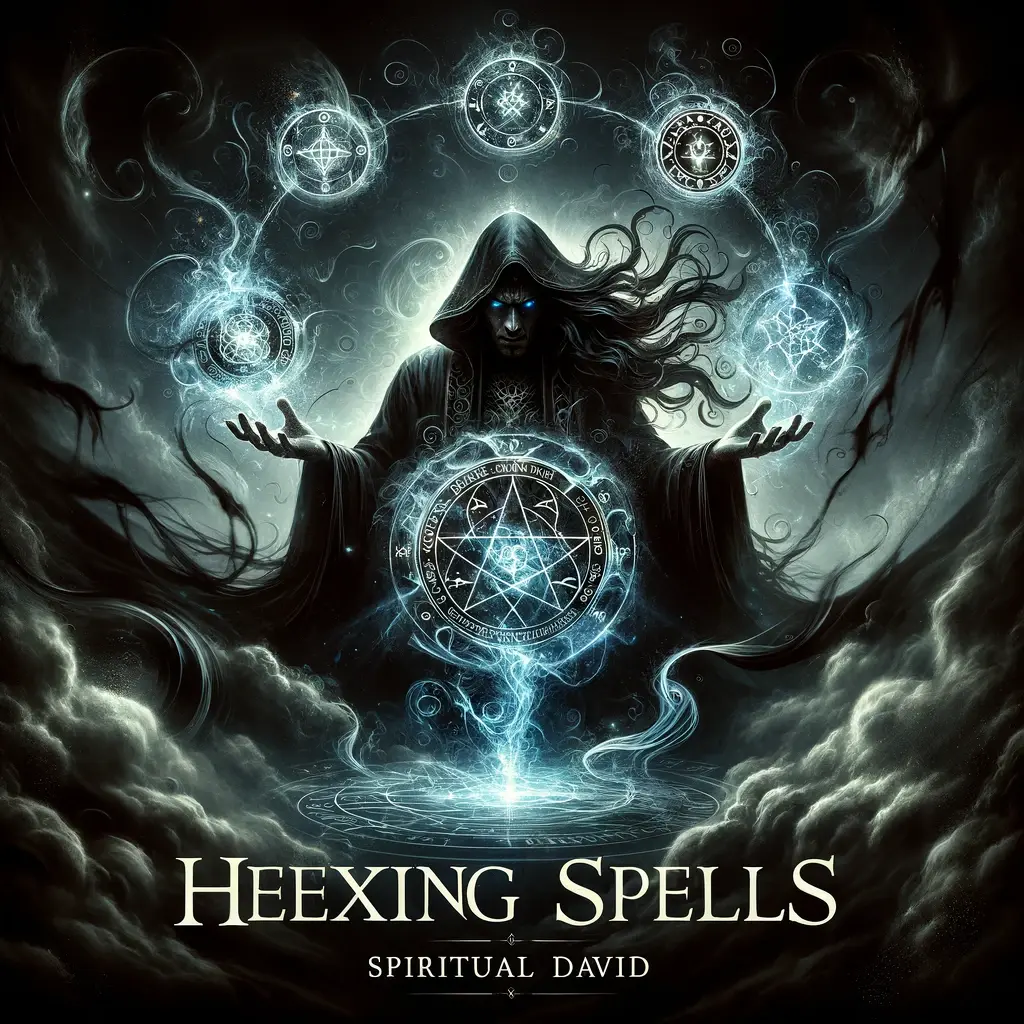 A dark and mysterious image representing Hexing Spells, featuring a powerful figure casting a spell with swirling dark energy and glowing mystical symbols in the air. The background includes shadowy elements like dark clouds and runes, symbolizing the curse’s power. The figure channels intense energy, and the text "Hexing Spells" is displayed in bold, striking font, with "SPIRITUAL DAVID" in an elegant font for brand recognition.