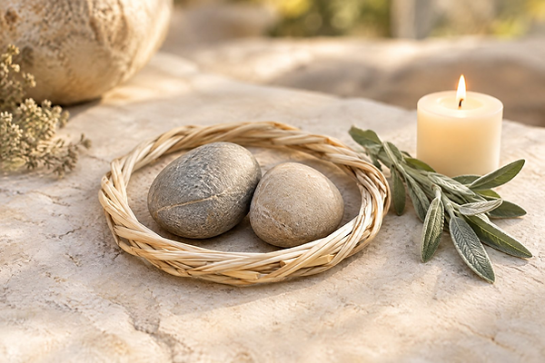 Two river stones protected by a woven circle with sage and a candle.