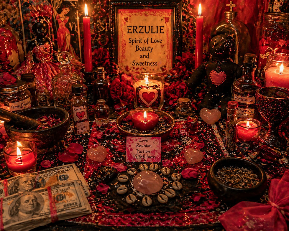Colorful voodoo altar with hearts, candles, herbs, dolls, and currency traditional tools for love spell rituals.