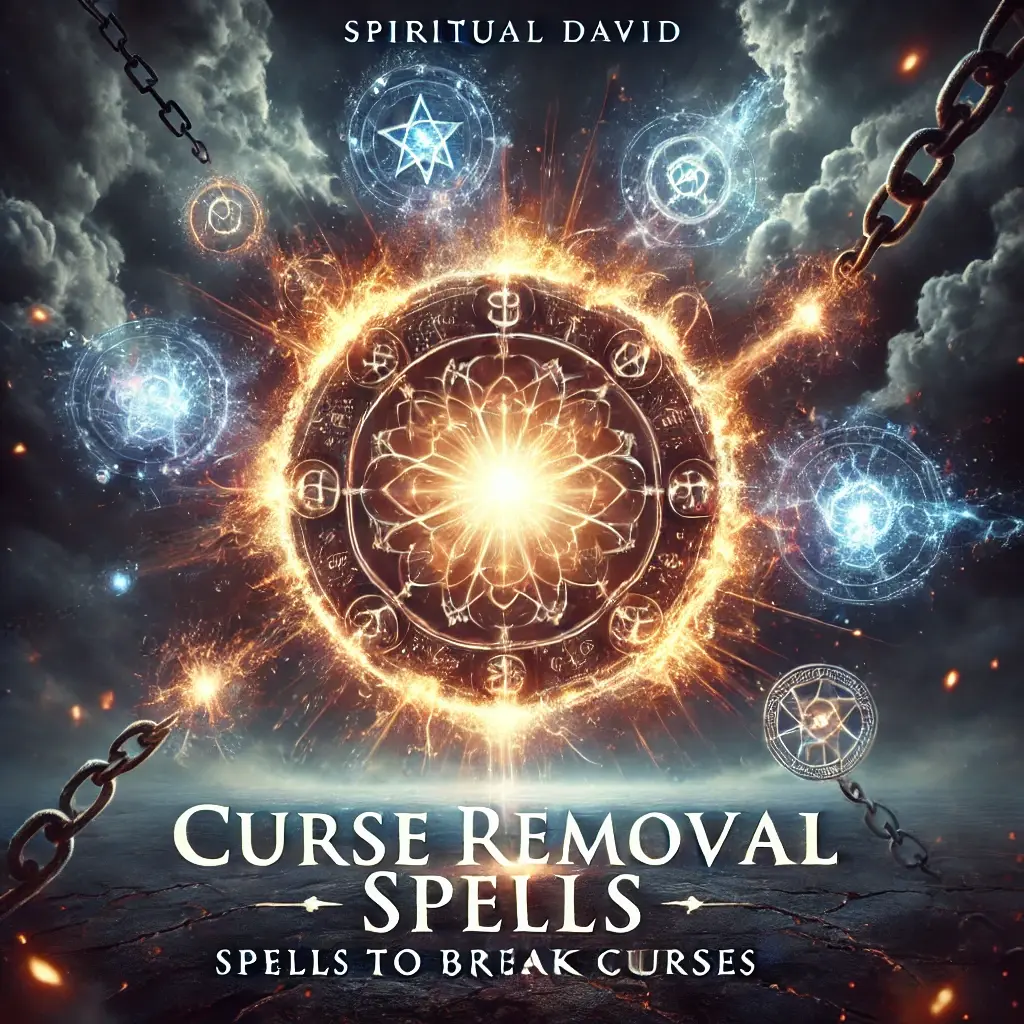 A powerful image representing Curse Removal Spells, featuring intense mystical energy breaking chains and dark symbols. The dark, stormy background symbolizes the curse, while radiant light at the center represents the removal of the curse. The text "Curse Removal Spells - Spells to Break Curses" is in bold, powerful font, with "SPIRITUAL DAVID" in an elegant, clear font for brand recognition.