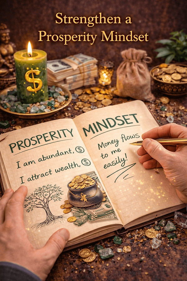 person writing prosperity affirmations in journal beside green candle, coins and crystals to strengthen abundance mindset