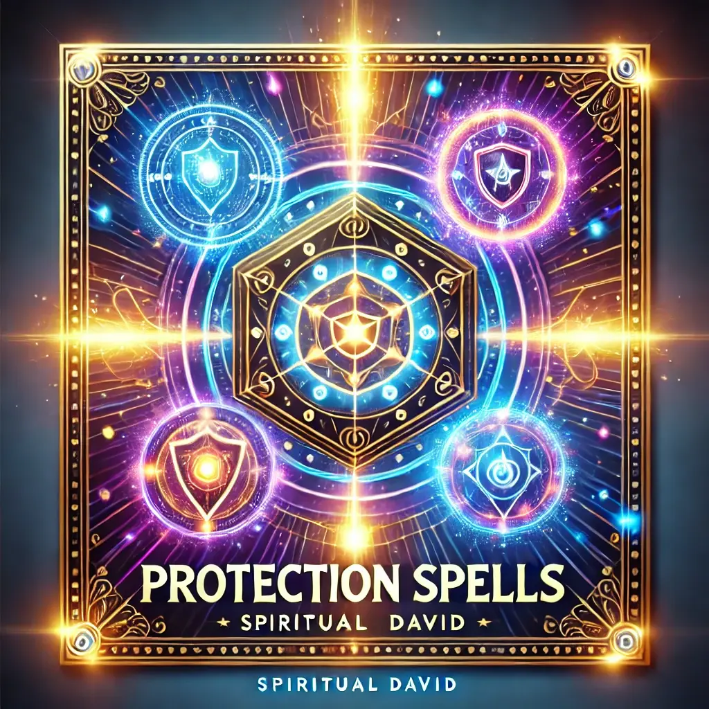 A vibrant and eye-catching image representing Protection Spells, featuring glowing symbols of protection like shields and a mystical aura. The background includes deep blues, purples, and gold, symbolizing power and security. The text "Protection Spells" is prominently displayed, with "SPIRITUAL DAVID" in an elegant font, enhancing brand recognition.