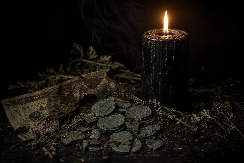 A black candle beside crumbling coins and a torn banknote with dried wormwood and graveyard dirt representing financial ruin and enemy destruction spells by Spiritual David