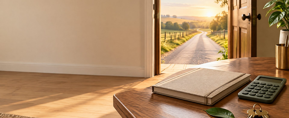 A small-business ledger, calculator, and keys beside an open doorway leading to a sunlit road.