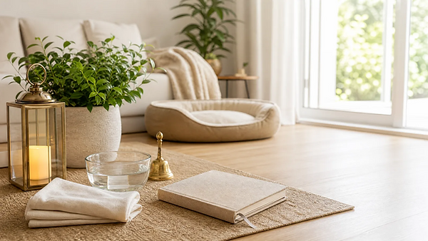 Smoke-free spiritual cleansing setup with flameless lantern, water and a pet-safe home space
