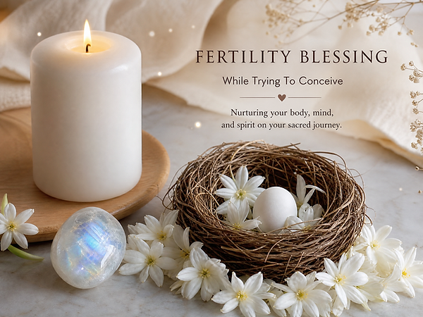 A white candle glowing inside a circle of moonstone crystals and white rose petals with a mother and child figurine — conception blessing spell by Spiritual David