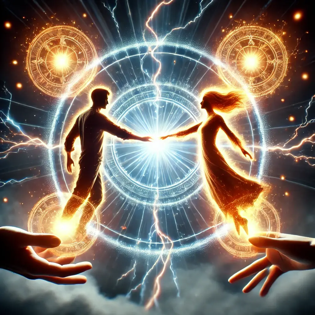 A powerful Reconciliation Spell being cast, with two people coming together surrounded by glowing energy, restoring their emotional connection.