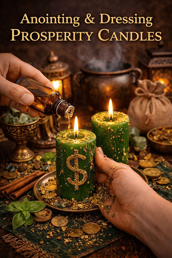 hand anointing green prosperity candle with oil and herbs during money attraction ritual with coins and crystals