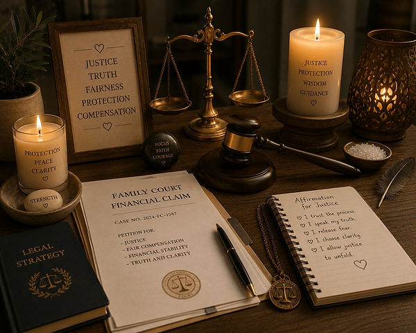 Court documents and candles symbolizing justice spiritual support for compensation and financial legal disputes