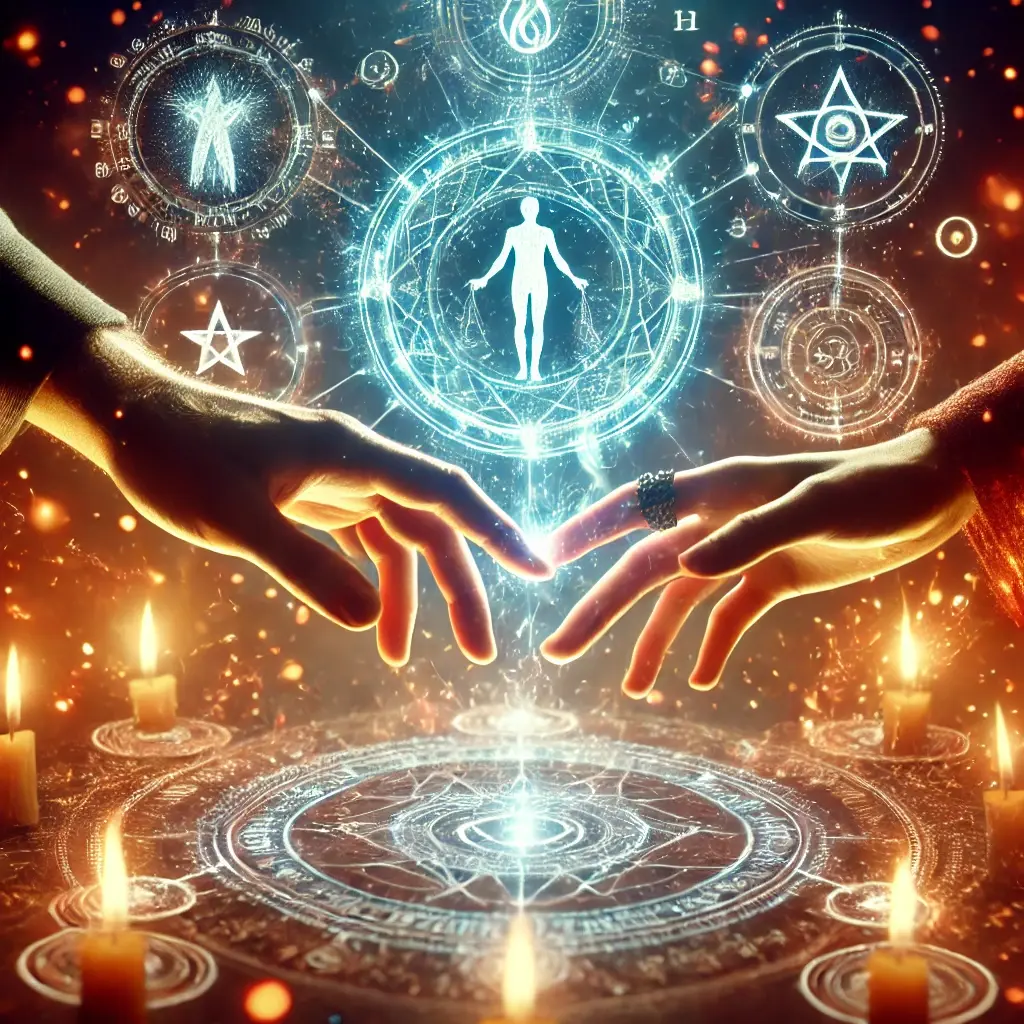A Binding Spell being cast with glowing energy, creating a spiritual connection between two individuals, surrounded by mystic symbols