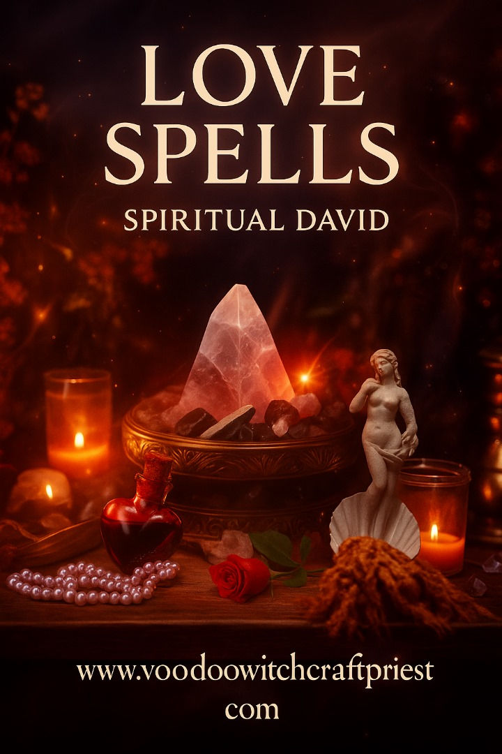  mystical love altar featuring glowing candles, rose quartz crystals, a pearl necklace, a red rose, and a love potion bottle, symbolising powerful love spells for attraction, passion, and spiritual connection. 