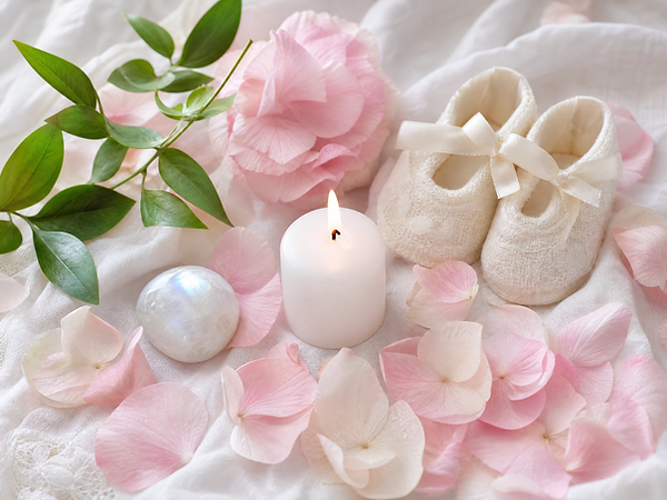 White candle, moonstone crystal, baby shoes, and pink flower petals representing fertility and pregnancy blessing spells