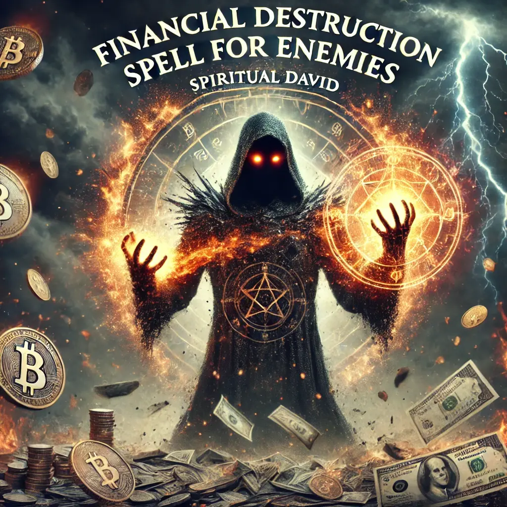 A dark and intense image representing Financial Destruction Spell for Enemies, featuring a powerful figure casting a fiery, destructive spell targeting an enemy's wealth and resources. The background includes dark storm clouds, lightning, and broken coins or bills, symbolizing financial ruin. The figure radiates dark energy with glowing symbols of loss and destruction in the air. The text "Financial Destruction Spell for Enemies" is displayed in bold, impactful font, with "SPIRITUAL DAVID" in an elegant font for brand recognition