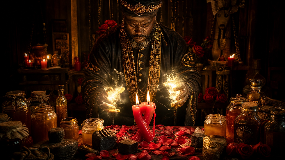 Authoritative Voodoo Priest with glowing hands over a honey jar and red candle love spell altar, fixing and repairing a failed love spell