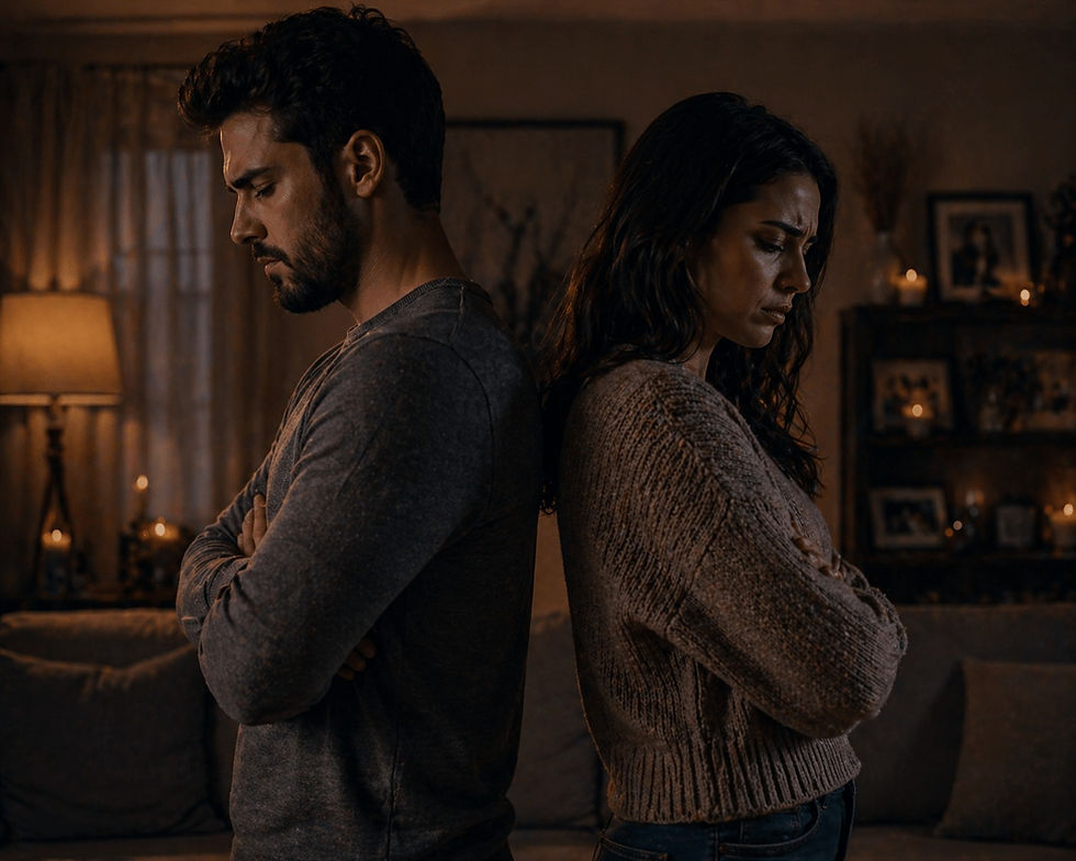 Upset couple standing back-to-back with arms crossed.