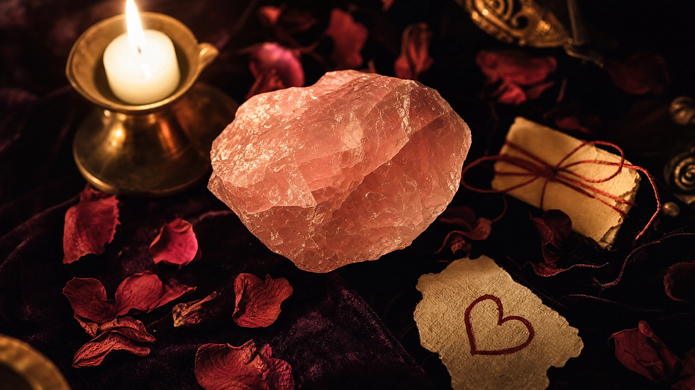 Raw rose quartz crystal on dark velvet surrounded by a white candle in brass holder, dried red rose petals, a handwritten note tied with red thread, and a parchment with a heart — signs a voodoo love spell is working