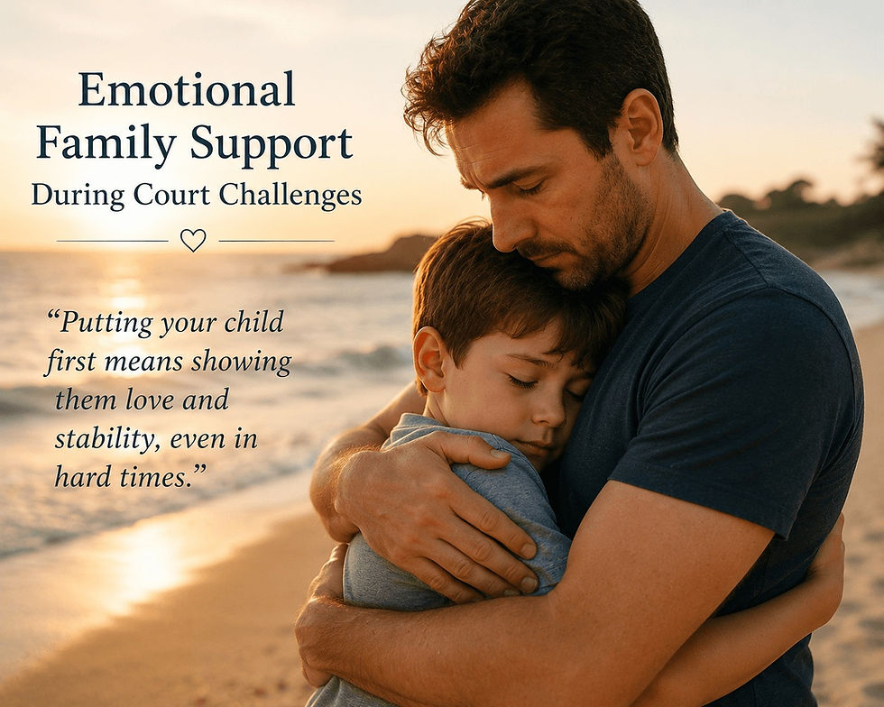 Father hugging his son gently on the beach, depicting emotional support during a custody struggle.