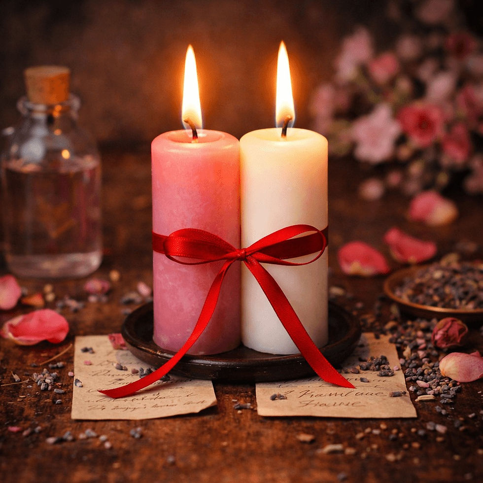 two candles tied with red ribbon surrounded by rose petals and herbs symbolizing love spell for reconciliation and healing a broken relationship