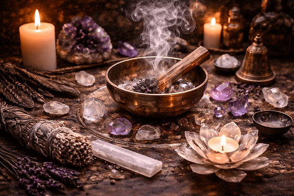 Energy cleansing altar with palo santo in a singing bowl, crystals, feathers, candles, and lavender under warm light
