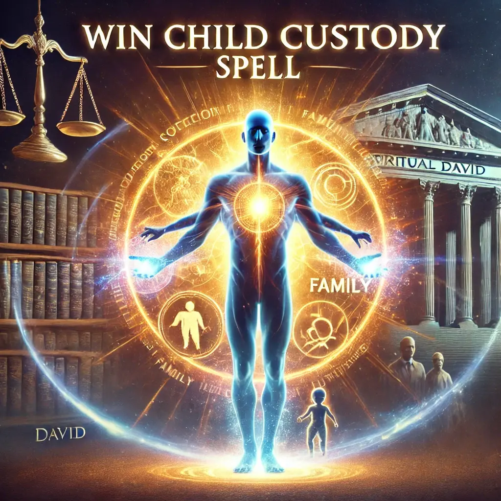 A powerful image representing the Win Child Custody Spell, featuring a figure holding a glowing symbol of protection and family unity, surrounded by light. The background includes a courthouse and family-related symbols, symbolizing the goal of achieving justice and custody. The figure radiates energy, representing the strength and support needed to win custody. The text "Win Child Custody Spell" is in bold, impactful font, with "SPIRITUAL DAVID" in an elegant font for brand recognition.