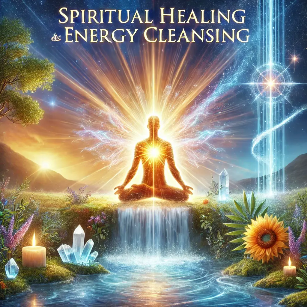 A vibrant and uplifting image representing Spiritual Healing and Energy Cleansing, with a glowing figure meditating in a serene environment. Radiant beams of light emanate from the figure, symbolizing the flow of positive, healing energy. The peaceful surroundings include flowing water, plants, crystals, and a sunflower, all enhancing the natural, healing atmosphere. The text "Spiritual Healing and Energy Cleansing" is displayed above the figure, bringing focus to the theme of balance and inner peace