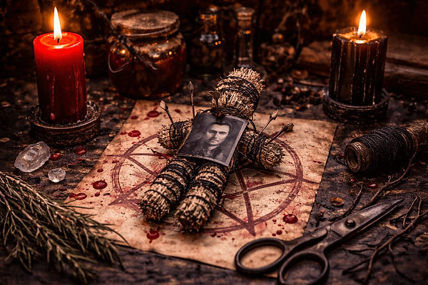 Revenge and binding ritual with straw effigy, photo, black twine, pentagram, red candles, scissors, and magical tools
