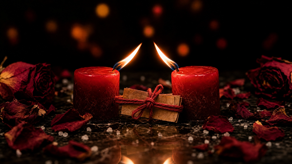 Two red pillar candles burning with flames leaning toward each other, a red cord binding two parchment papers, dried roses and sea salt on dark marble, binding love spell to stop cheating in New York