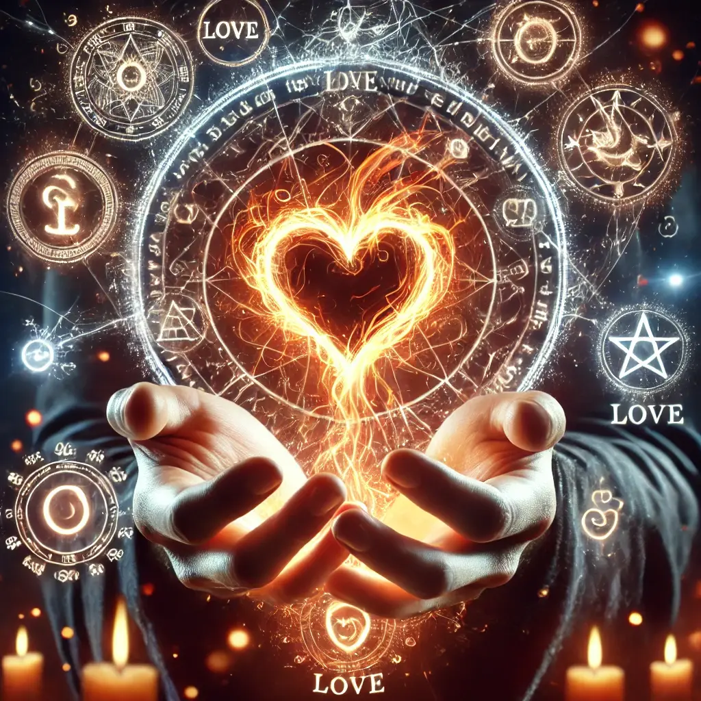A powerful Black Magic Love Spell being cast with dark energy swirling around a glowing heart, intense mystical symbols of love and curses surrounding the figure, with bright energy illuminating the scene.