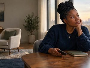 A thoughtful person sitting alone with a phone turned face-down beside a closed notebook at dawn while an empty chair suggests absence.