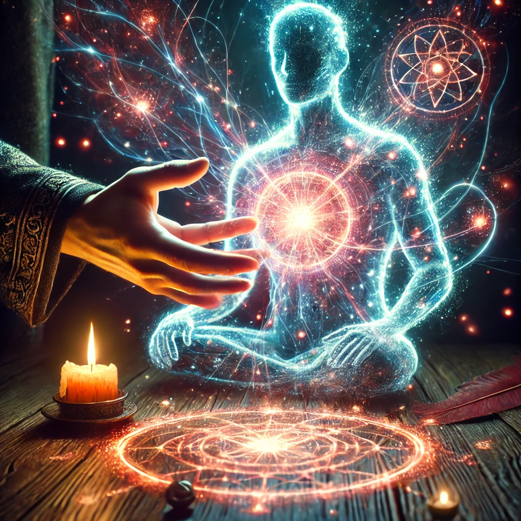 -A mystical Voodoo Love Spell being cast with glowing energy, surrounding a figure and creating a powerful connection with their soulmate or lover.
