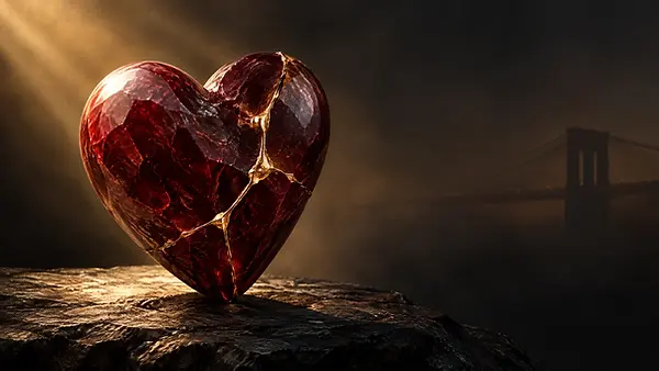 Illustration of a red stone heart repaired with gold, with a New York bridge silhouette in the background.