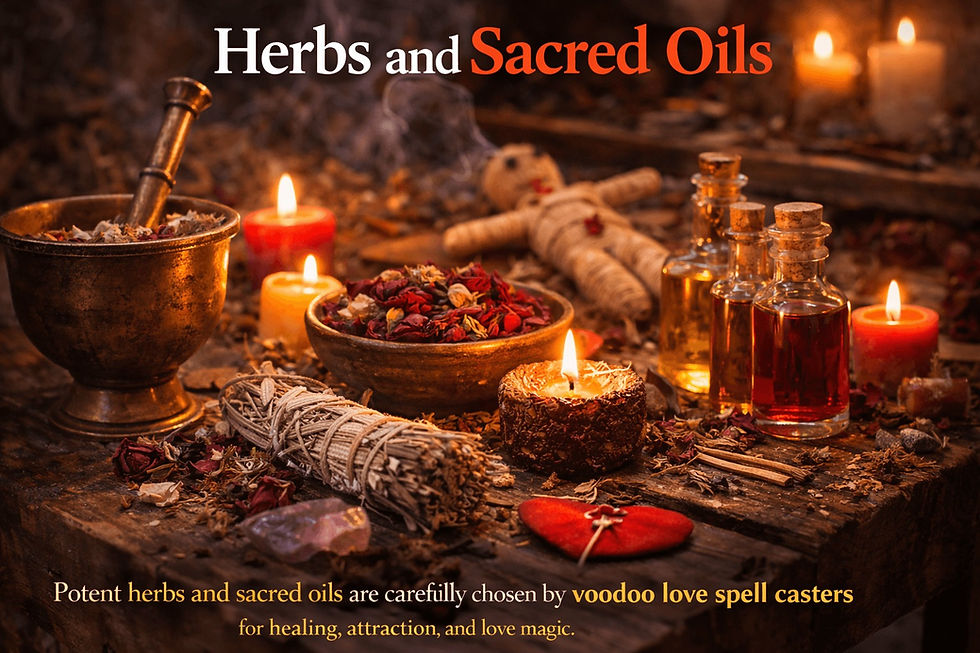 Herbs and sacred oils prepared on a ritual altar used by a voodoo love spell caster for attraction healing and love spell casting rituals