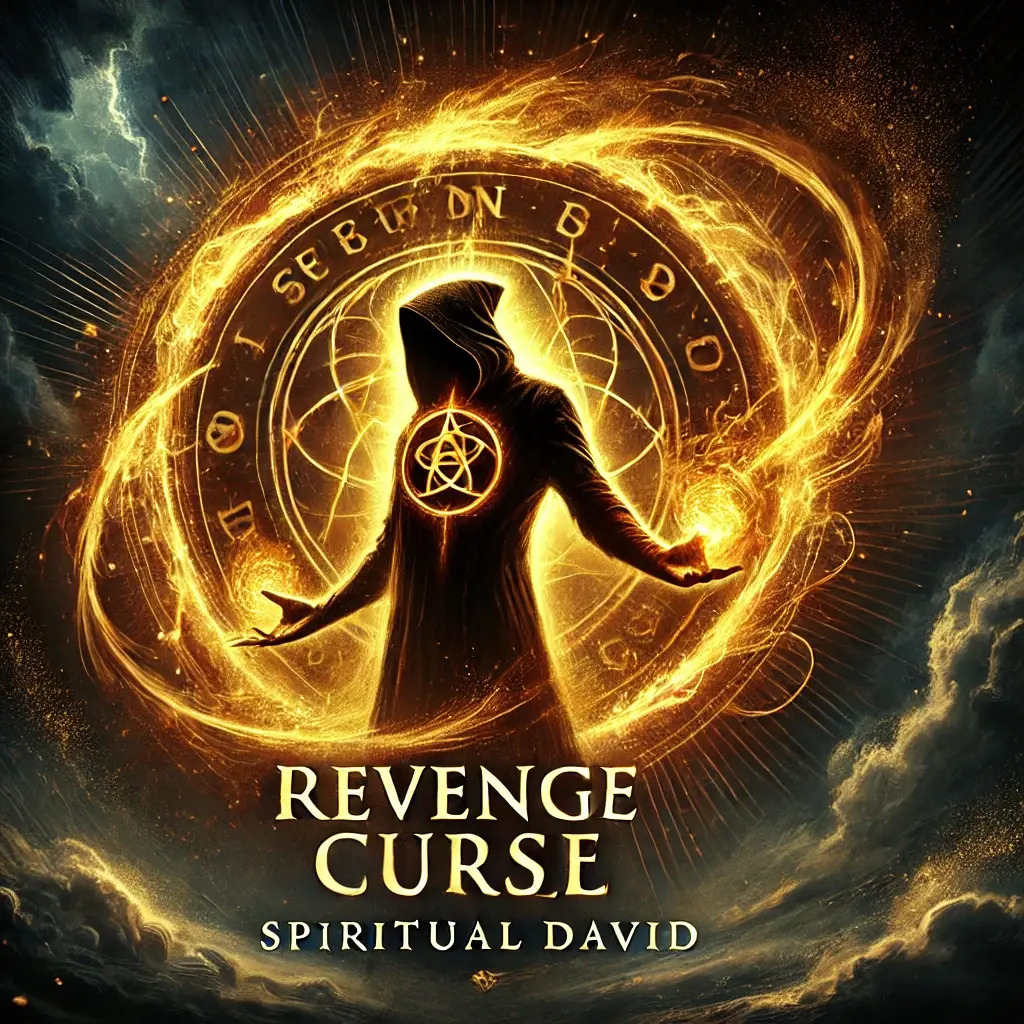 A powerful image representing Revenge Curse Spell, featuring a figure casting a curse with fiery, hot gold energy swirling around a dark, mystical symbol. The background includes dark clouds and swirling winds, symbolizing vengeance and the power of the curse. The golden energy radiates from the figure, emphasizing the intensity of the spell. The text "Revenge Curse Spell" is displayed in bold, impactful gold font, with "SPIRITUAL DAVID" in an elegant font for brand recognition.