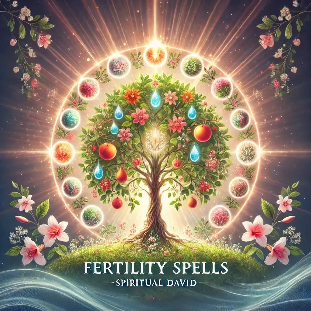 A symbolic image representing Fertility Spells, featuring a glowing tree with vibrant fruits and flowers growing from its branches, symbolizing abundance and growth. Surrounding the tree are soft, radiant light beams, and the peaceful background includes flowing water and blooming flowers. The text "Fertility Spells" is displayed in an elegant font, with "SPIRITUAL DAVID" prominently featured for brand recognition.