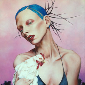 sexy blue haired woman holding a bedazzled chicken painting
show chicken, blue hair, bikini 