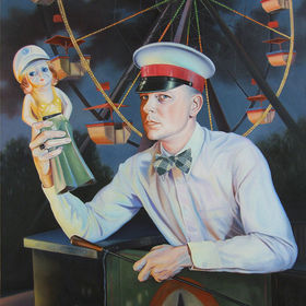 man holding carnival prize, ferris wheel