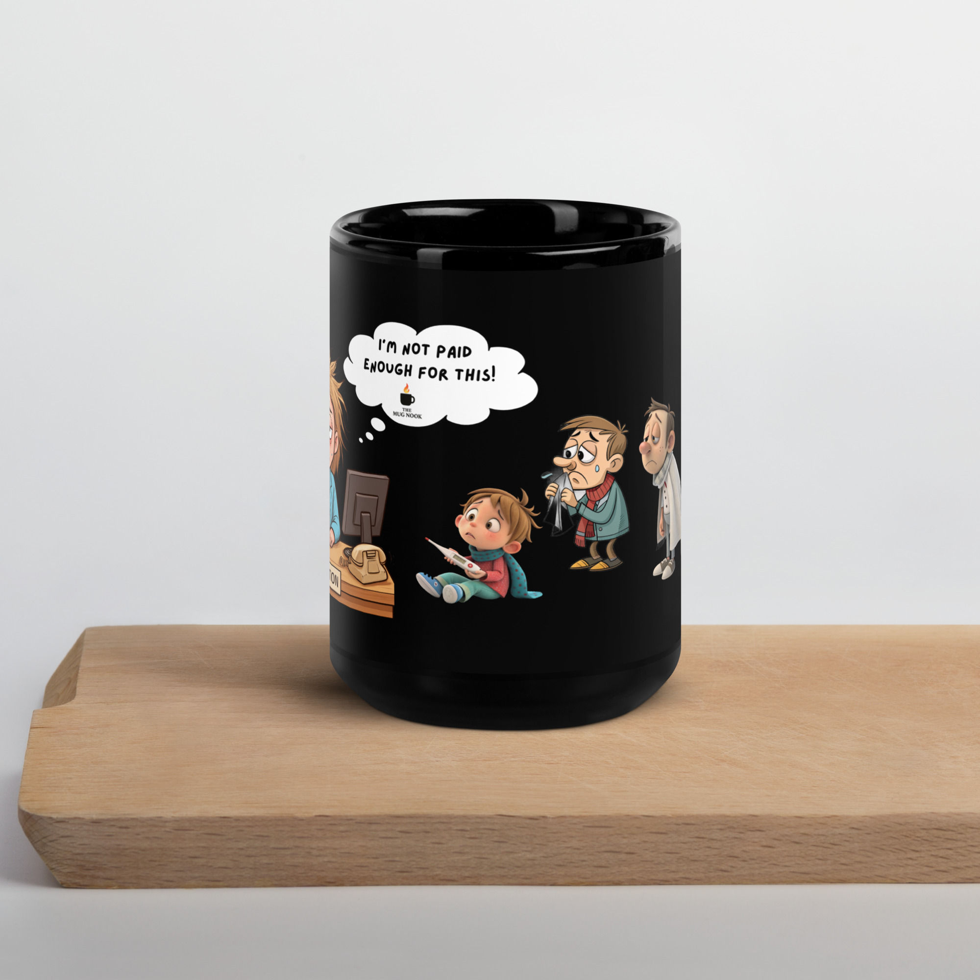 Black glossy mug with cartoon stressed-out receptionist design