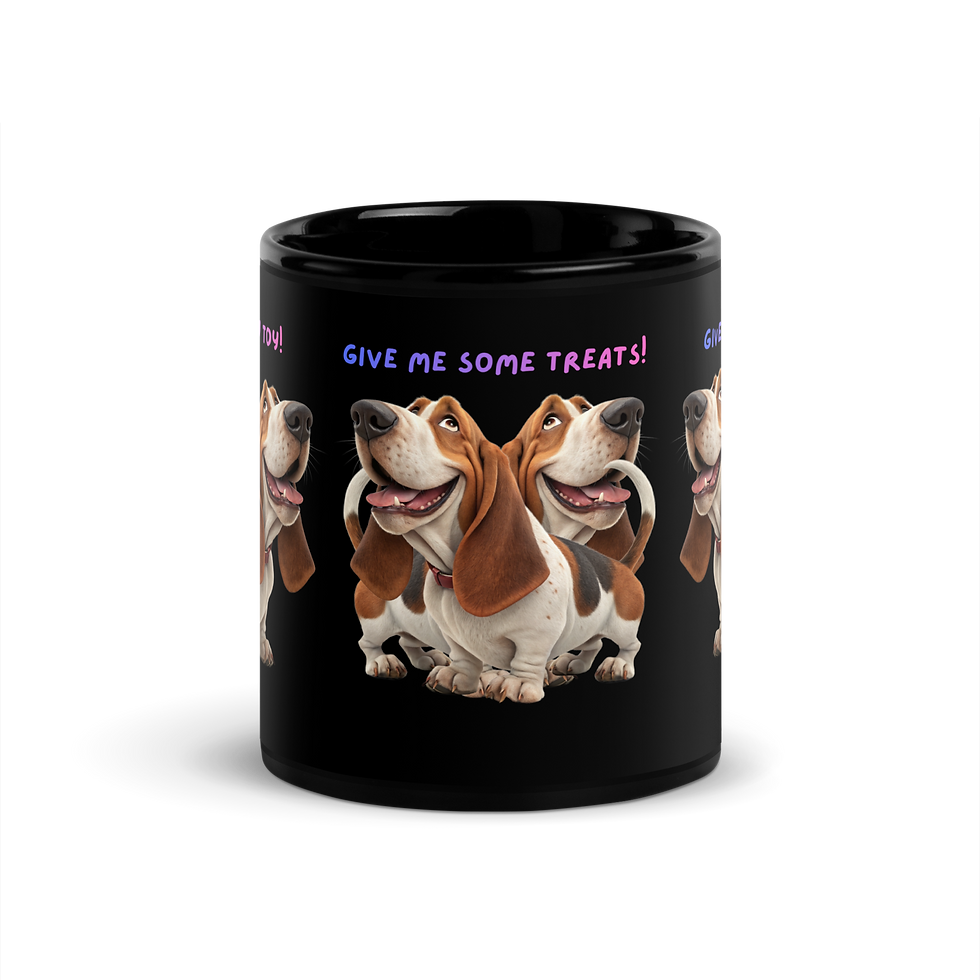 Black glossy ceramic mug with a cartoon basset hound named Missy running in circles with big floppy ears wanting treats