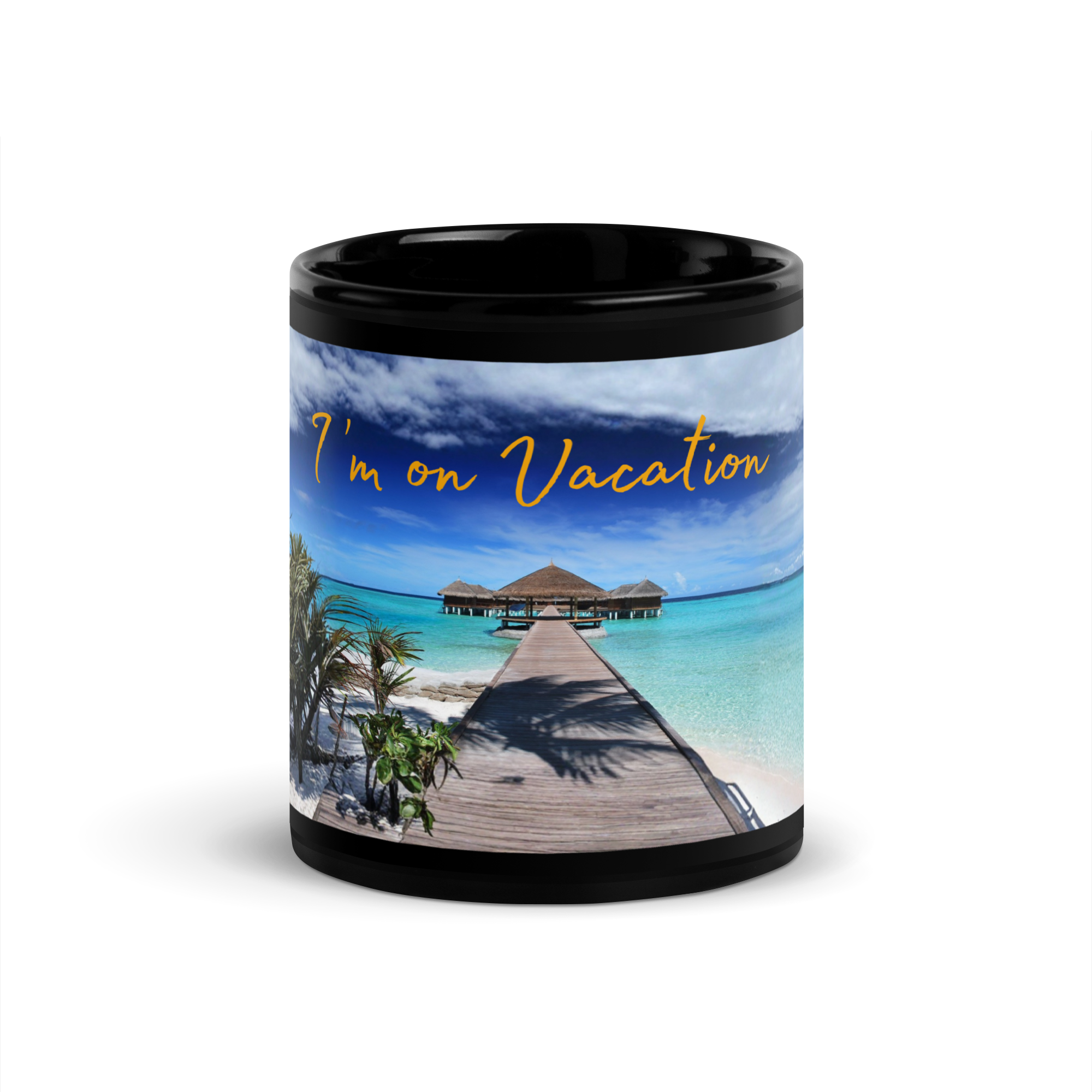 I'm on Vacation coffee mug with tropical beach and overwater bungalow design