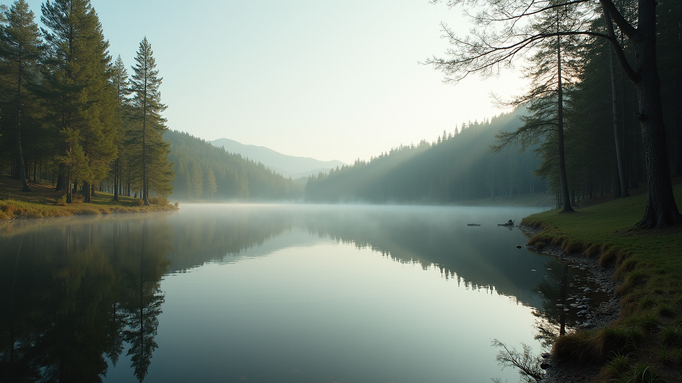 Eye-level view of a serene natural landscape with a calm lake and surrounding trees