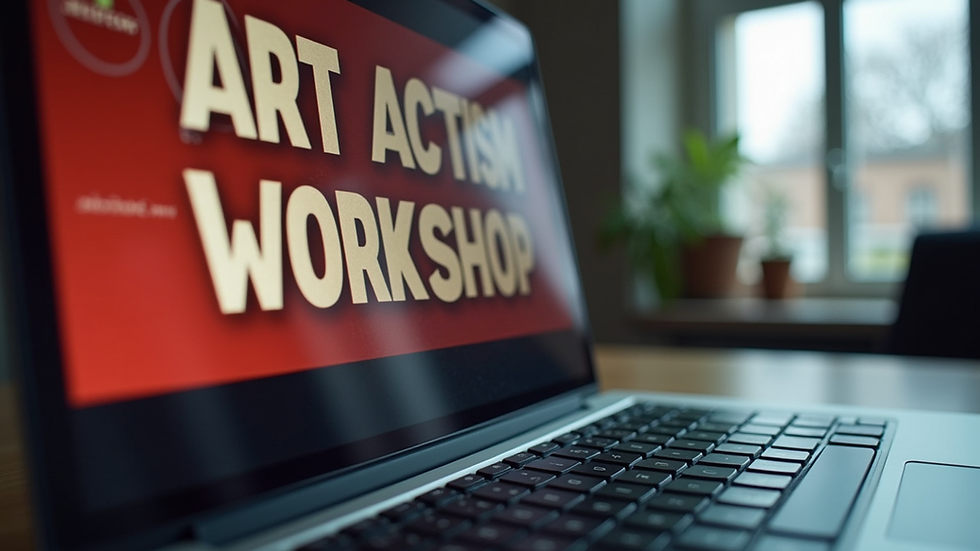 Close-up view of a laptop screen displaying an online art activism workshop