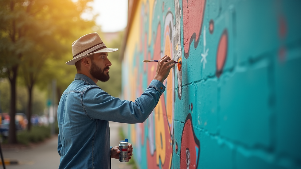 Close-up view of an artist painting a mural on a large wall